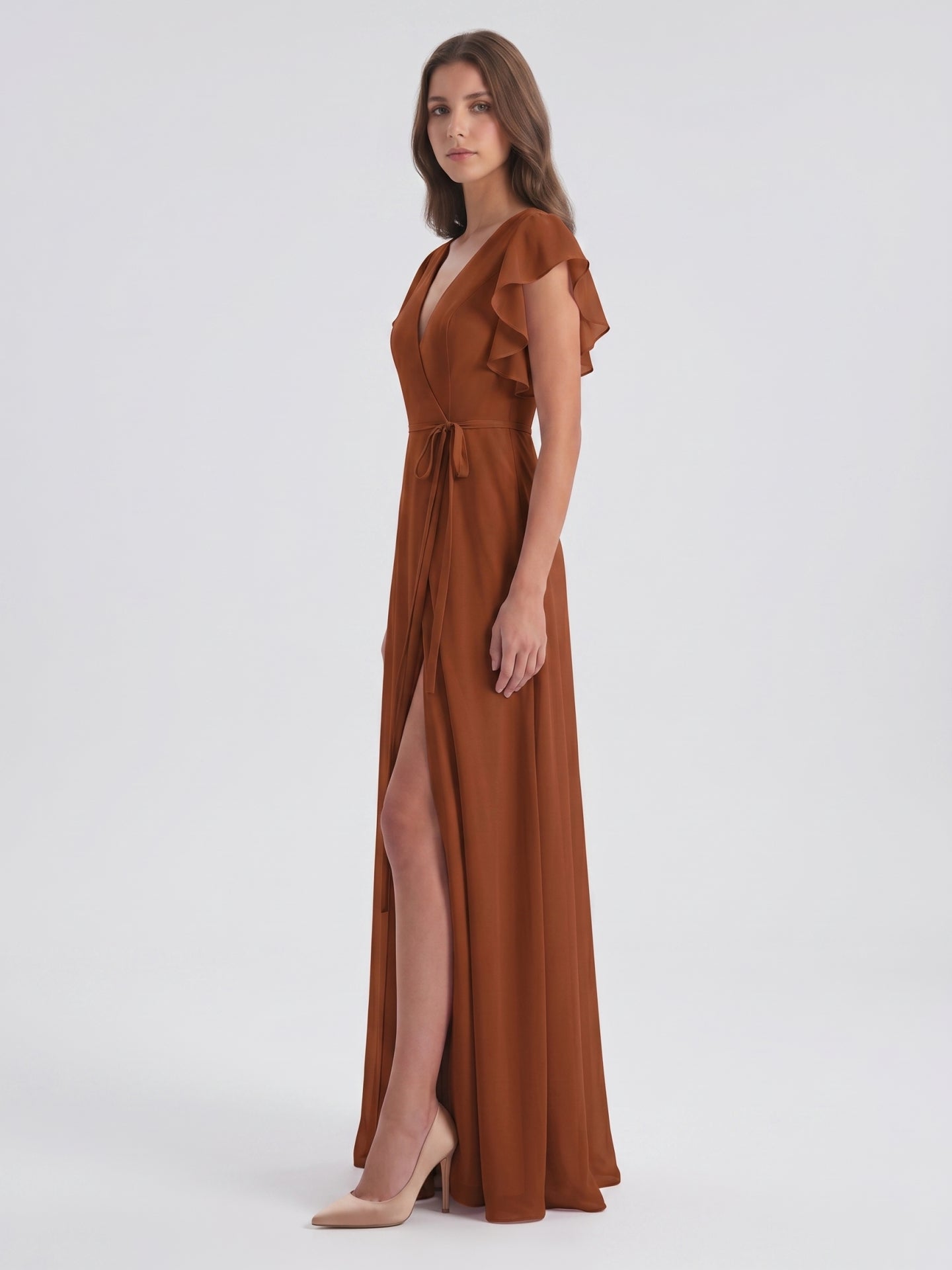Terracotta Chiffon Sheath V-Neck Back Zip Floor-Length Ruffle Bridesmaid Dress