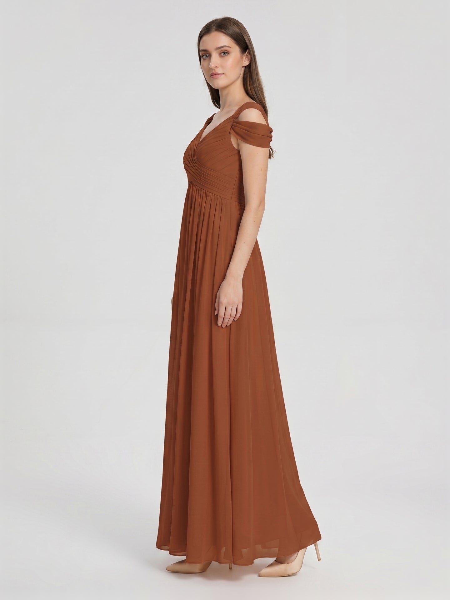 Terracotta Chiffon Empire Off-the-Shoulder V-Back Floor-Length Pleated Bridesmaid Dress