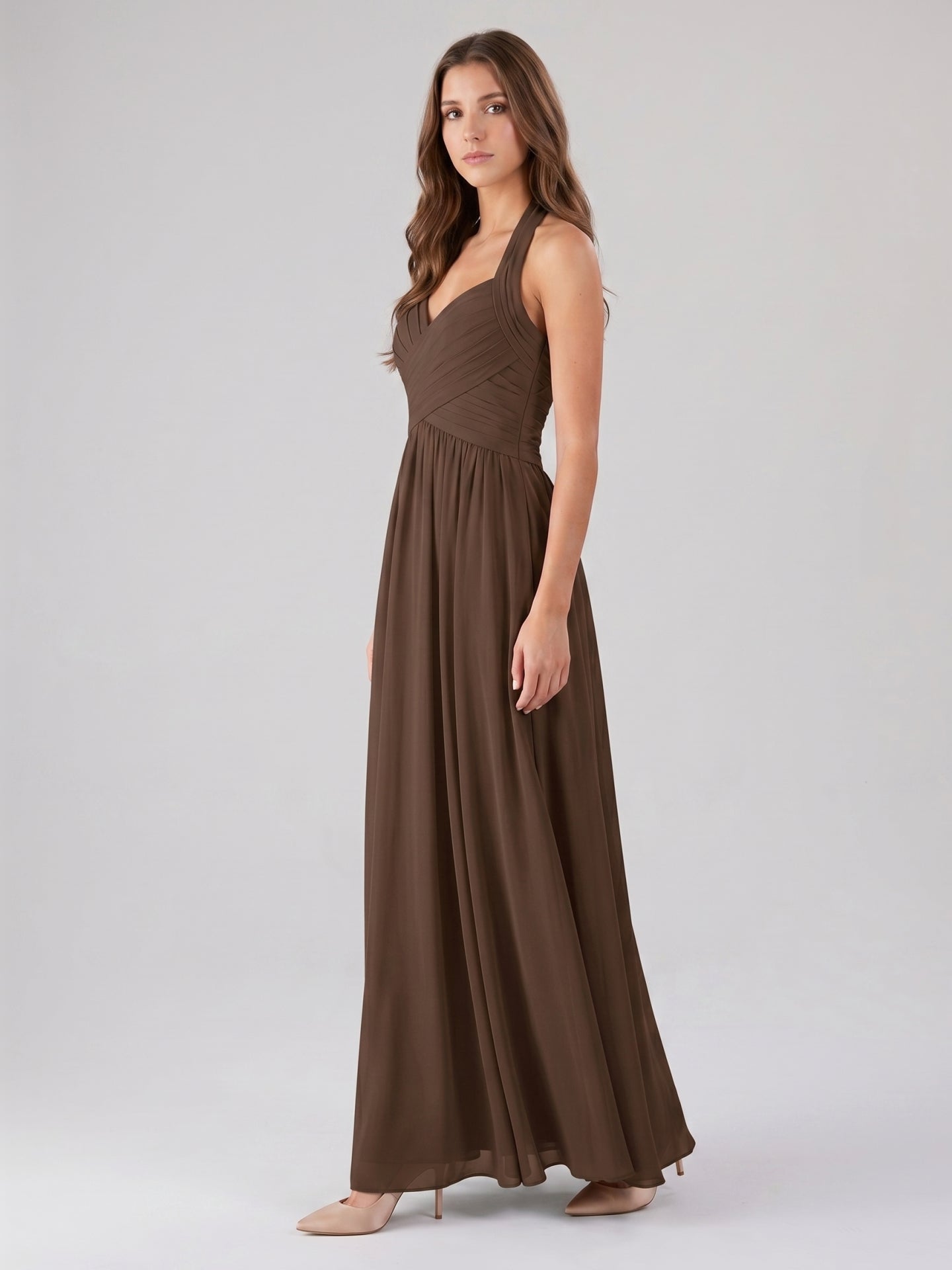 Mocha Chiffon A-Line Halter Backless Floor-Length Pleated Bridesmaid Dress