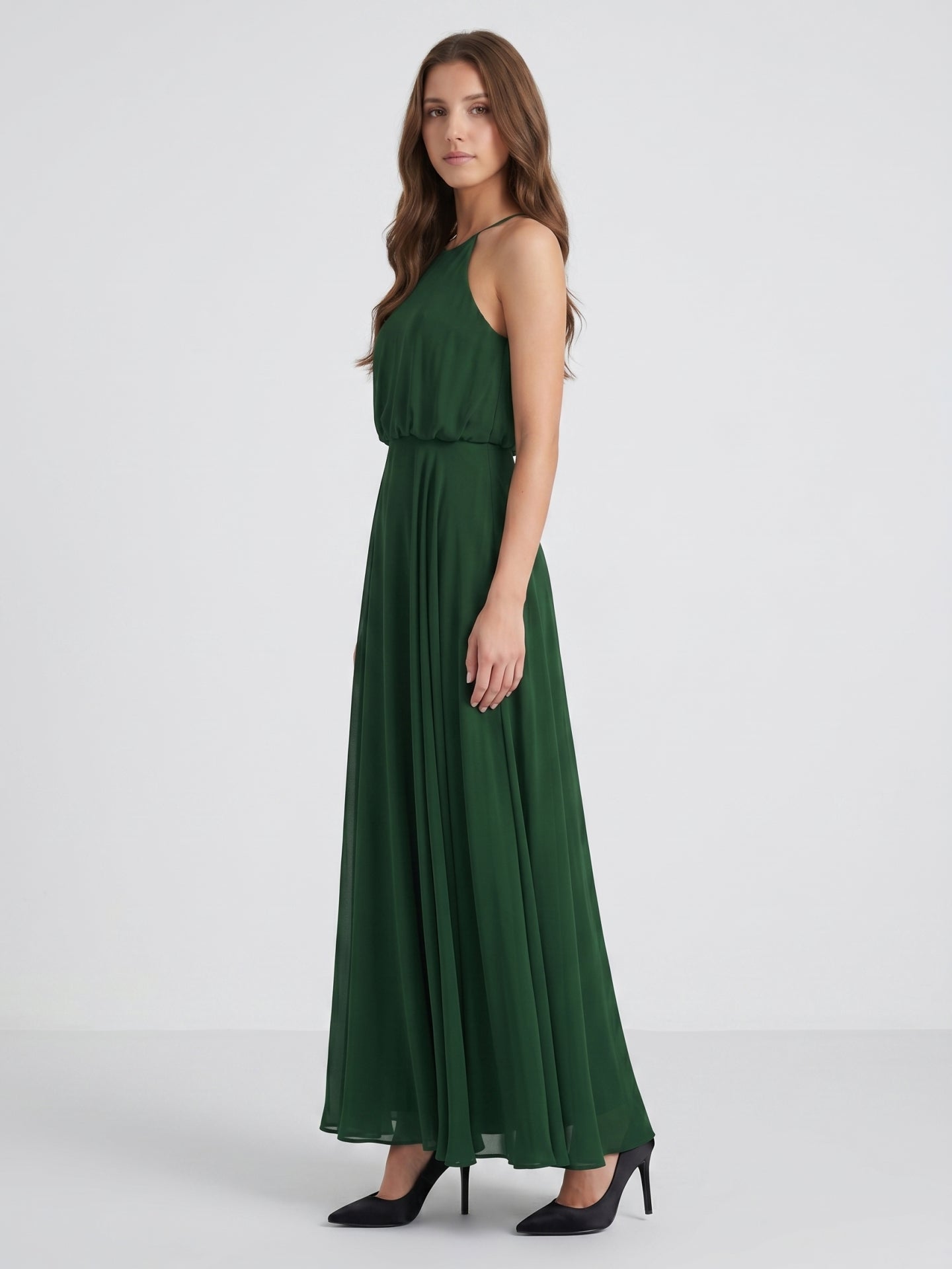 Forest Green Chiffon A-Line Halter Backless Floor-Length Pleated Bridesmaid Dress