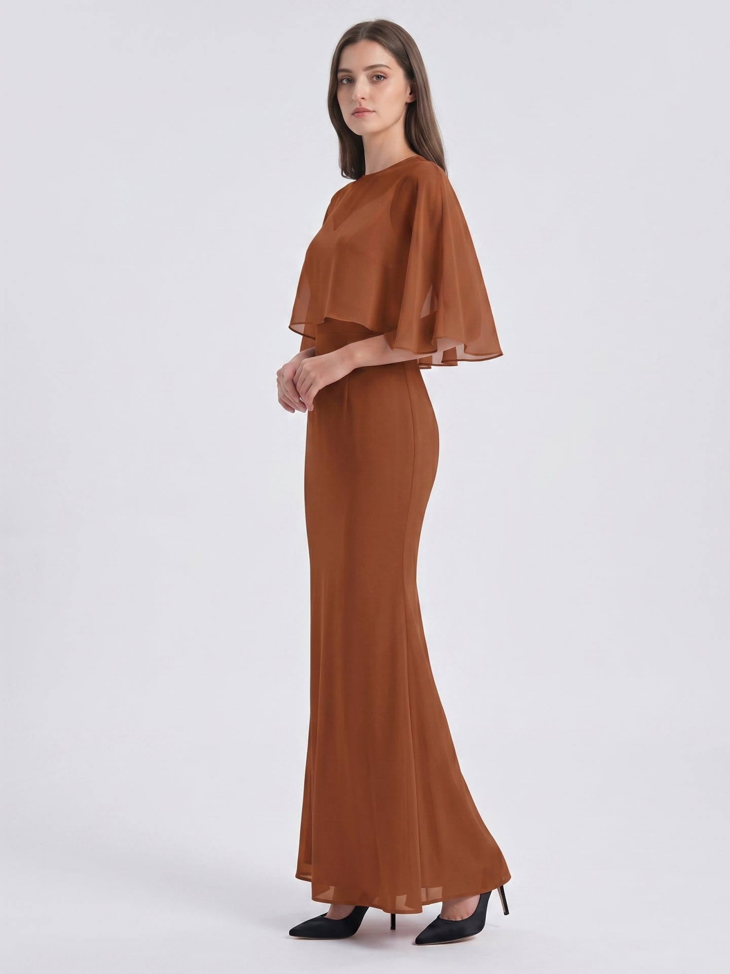 Terracotta Chiffon Mermaid Sweetheart Back Zip Floor-Length Bridesmaid Dress with Cape