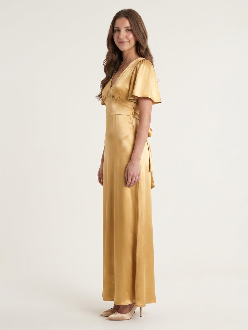 Elegant Gold Satin A-Line V-Neck V-Back Ankle-Length Bridesmaid Dress