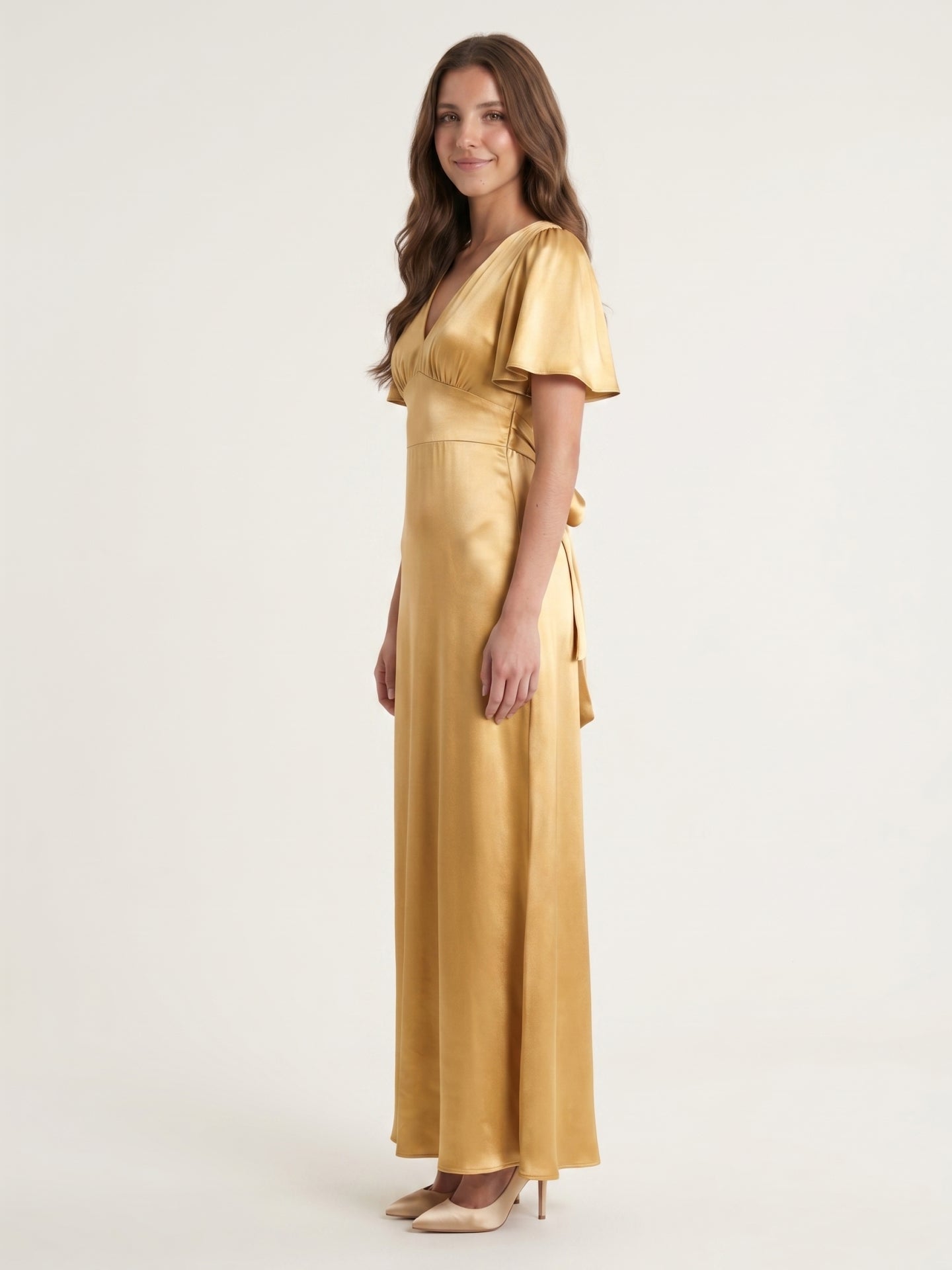 Elegant Gold Satin A-Line V-Neck V-Back Ankle-Length Bridesmaid Dress