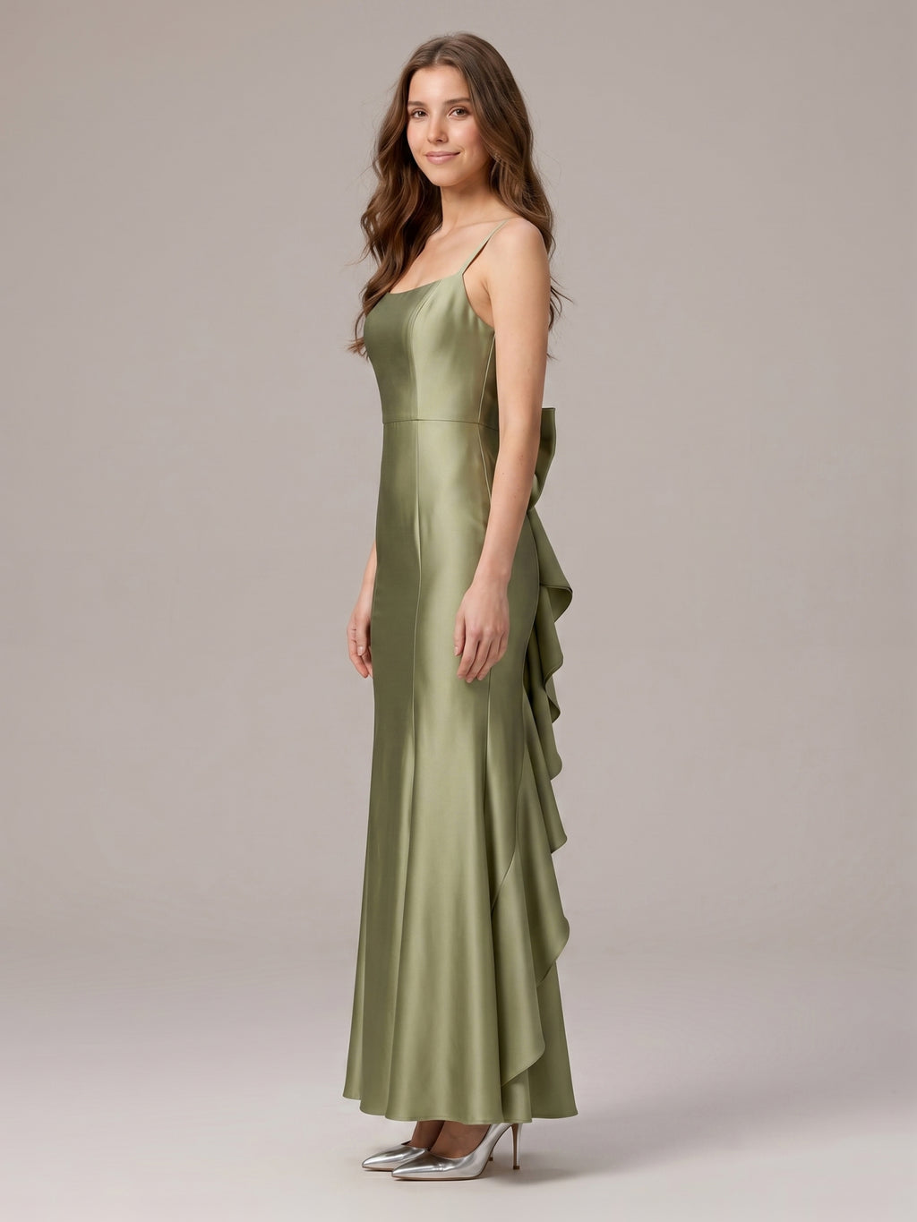 Elegant Sage Green Satin mermaid Straight Neck Backless with Bow Ankle-Length Bridesmaid Dress
