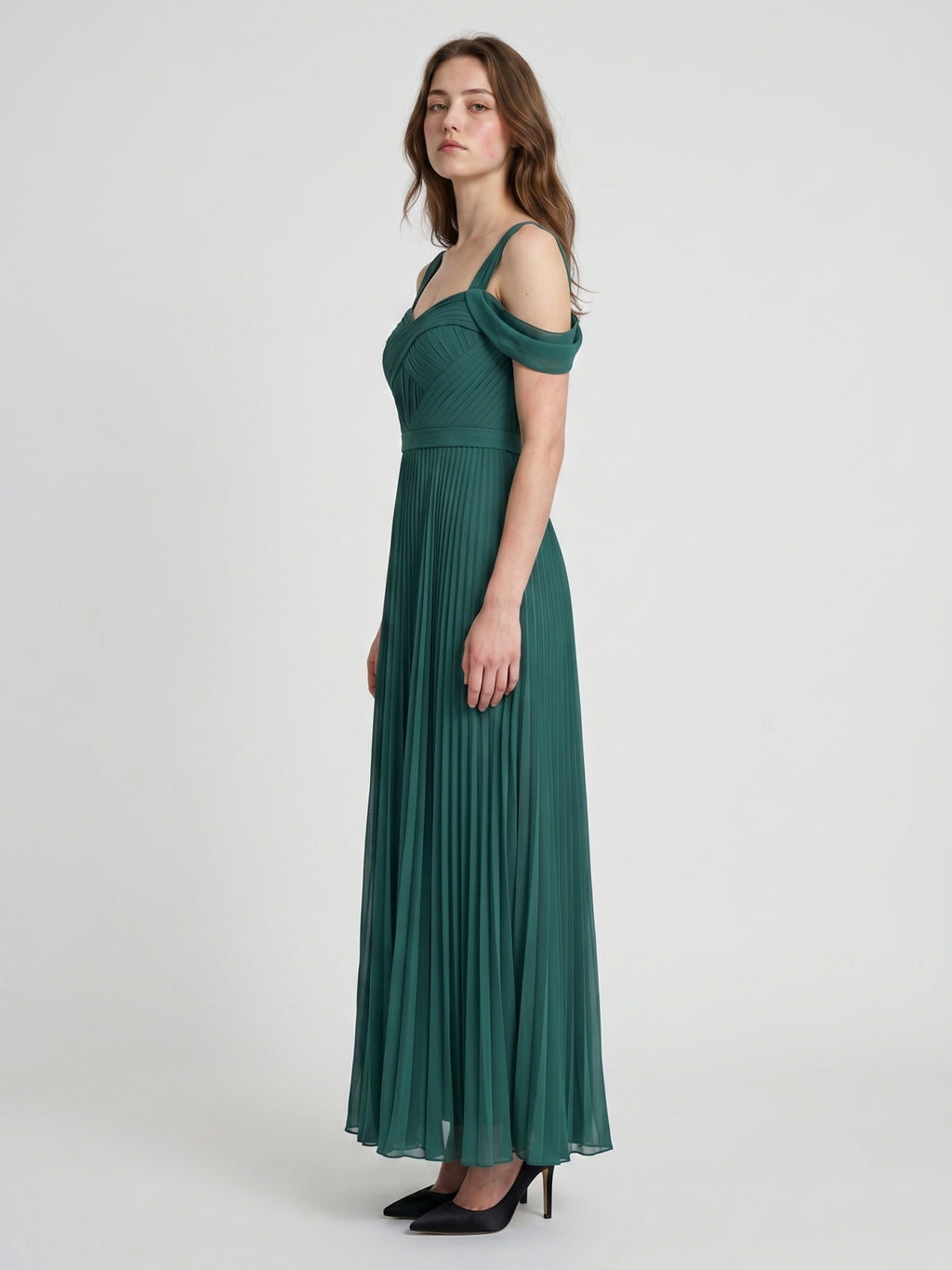 Peacock Chiffon A-Line Off-the-Shoulder Backless Floor-Length Pleated Dress