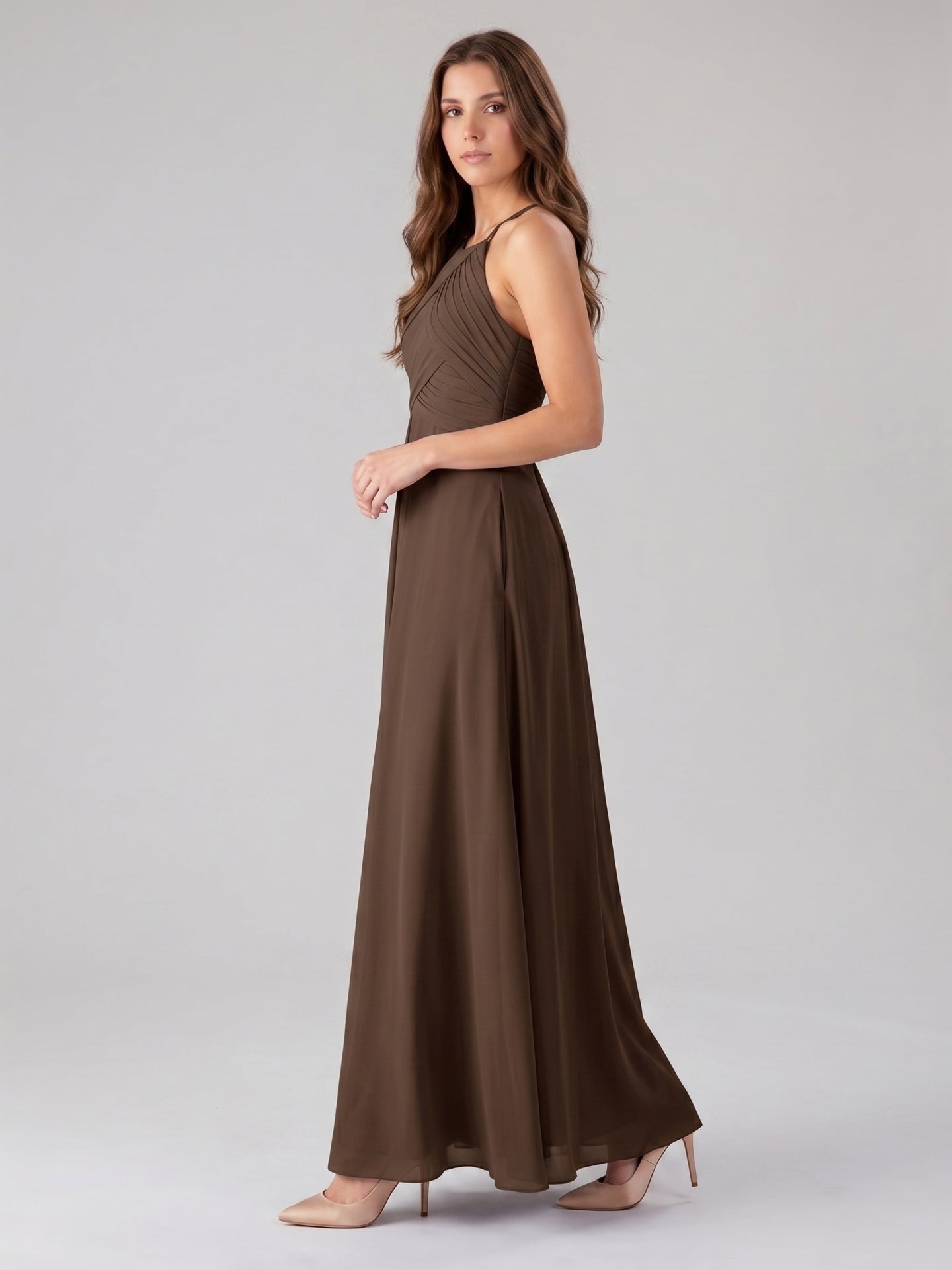 Mocha Chiffon A-Line Halter Keyhole Back Floor-Length Pleated Bridesmaid Dress