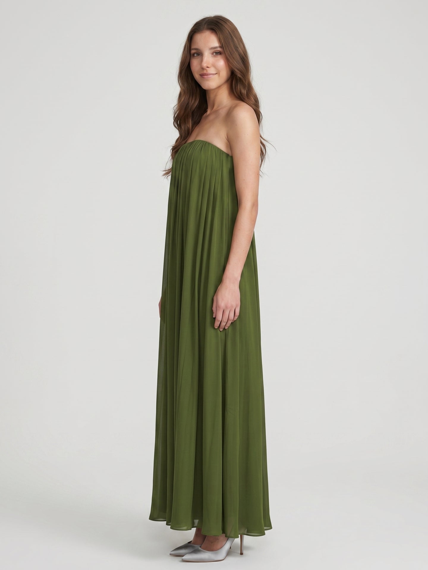 Olive Green Chiffon Sheath Off-the-Shoulder Backless Floor-Length Pleated Dress