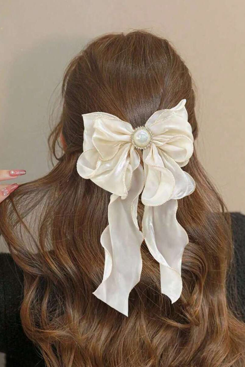Champagne Pearl Long Streamer Bow Hair Clip Shimmer Fabric Bow Barrette
