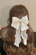 Champagne Pearl Long Streamer Bow Hair Clip Shimmer Fabric Bow Barrette
