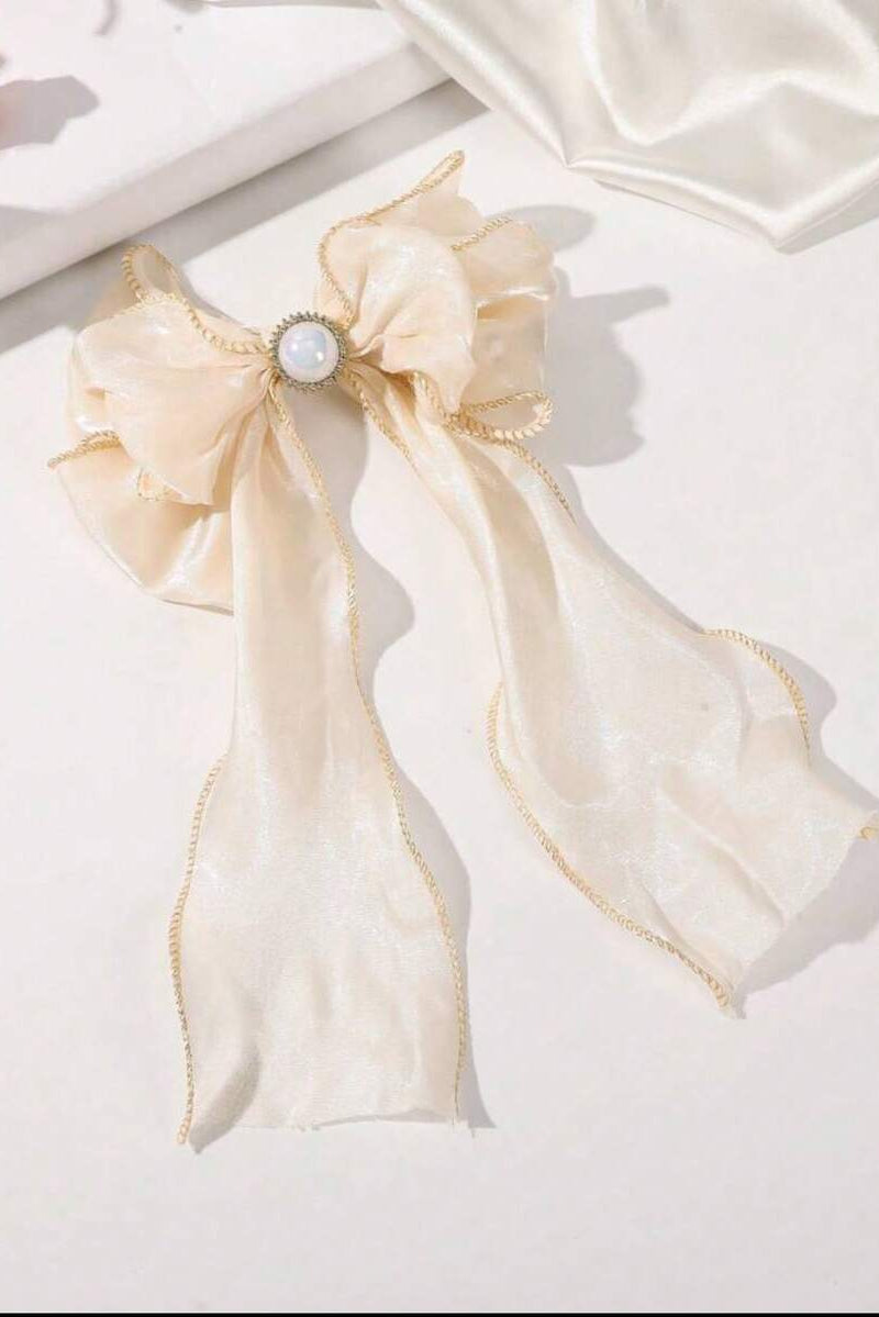 Champagne Pearl Long Streamer Bow Hair Clip Shimmer Fabric Bow Barrette