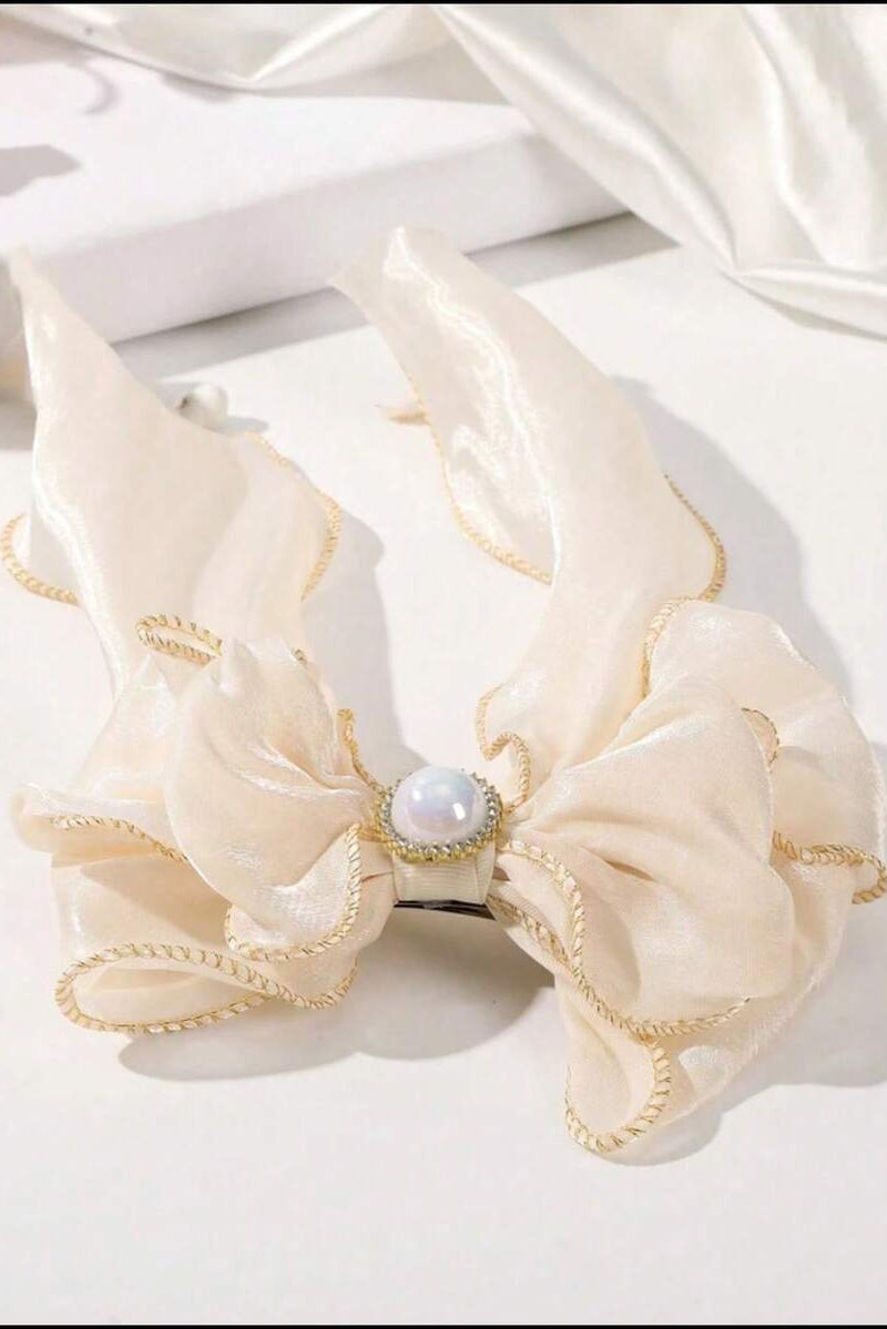 Champagne Pearl Long Streamer Bow Hair Clip Shimmer Fabric Bow Barrette