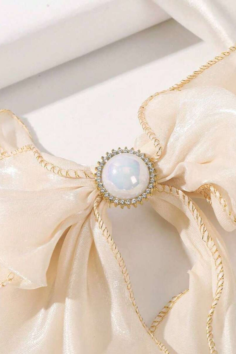 Champagne Pearl Long Streamer Bow Hair Clip Shimmer Fabric Bow Barrette