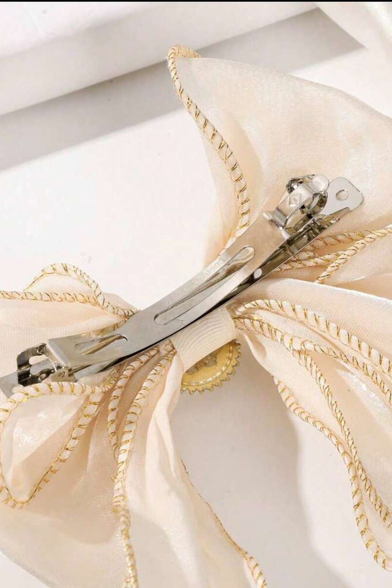 Champagne Pearl Long Streamer Bow Hair Clip Shimmer Fabric Bow Barrette