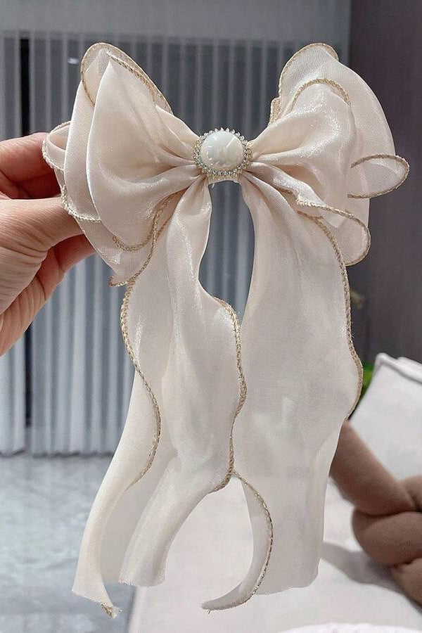 Champagne Pearl Long Streamer Bow Hair Clip Shimmer Fabric Bow Barrette