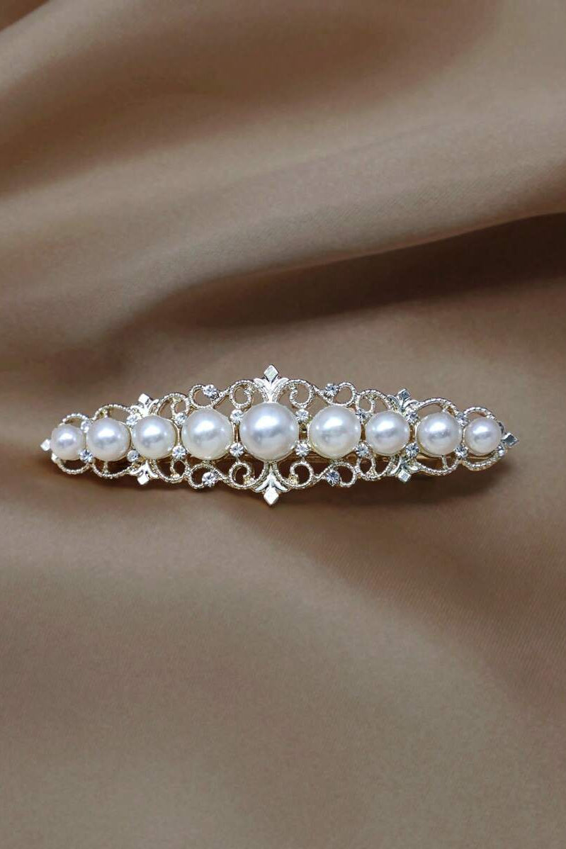 Vintage Filigree Pearl Rhinestone Gold Hair Barrette Bridal Hair Clip