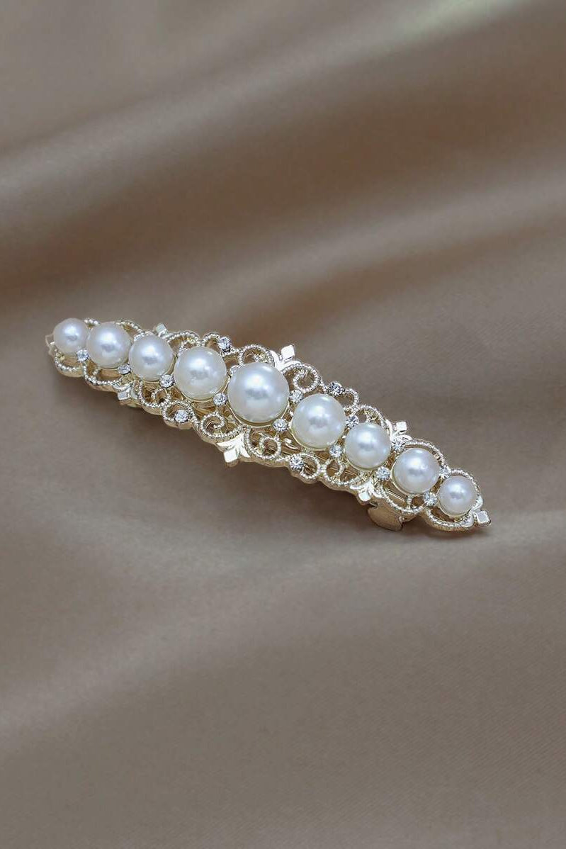Vintage Filigree Pearl Rhinestone Gold Hair Barrette Bridal Hair Clip