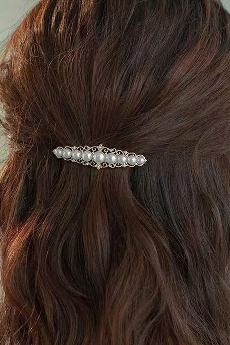 Vintage Filigree Pearl Rhinestone Gold Hair Barrette Bridal Hair Clip