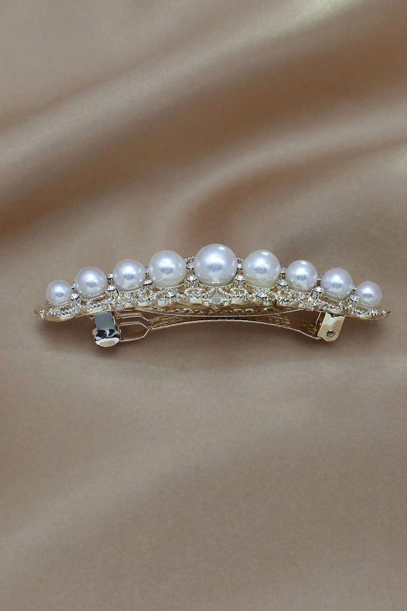 Vintage Filigree Pearl Rhinestone Gold Hair Barrette Bridal Hair Clip