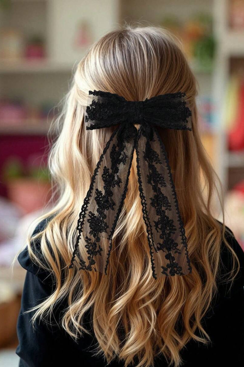 Black Lace Long Streamer Bow Hair Clip Floral Bow Hair Barrette