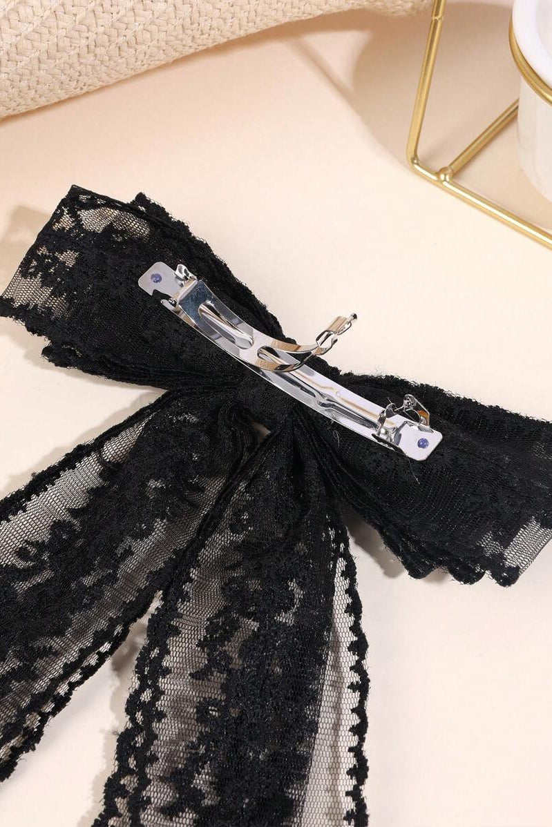 Black Lace Long Streamer Bow Hair Clip Floral Bow Hair Barrette