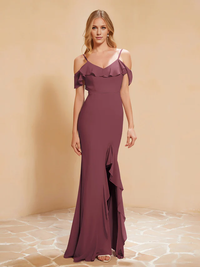 Chiffon Off-Shoulder Ruffled Bodice Sheath High-Slit Floor-Length Bridesmaid Dresses