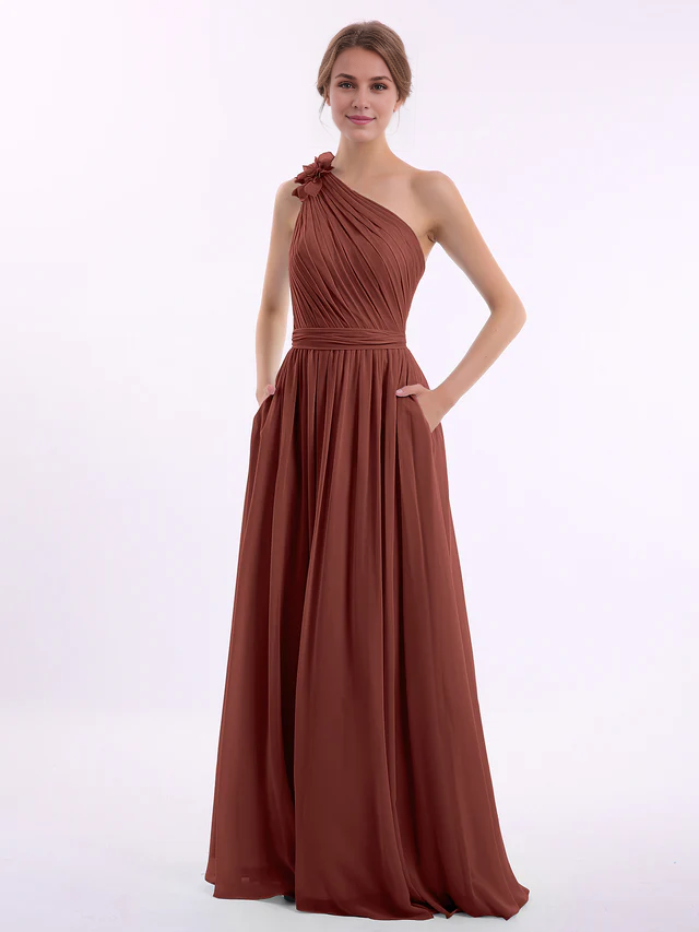 Chiffon One-Shoulder Ruched Bodice Pocketed A-Line Floor-Length Bridesmaid Dresses