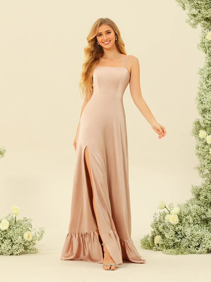 Satin Spaghetti-Strap Square-Neck High-Slit Ruffled-Hem Floor-Length Elegant Bridesmaid Dress