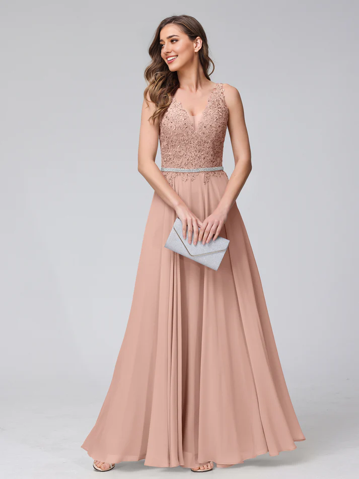 Chiffon Spaghetti-Strap V-Neck Embellished Bodice A-Line Floor-Length Elegant Bridesmaid Dress