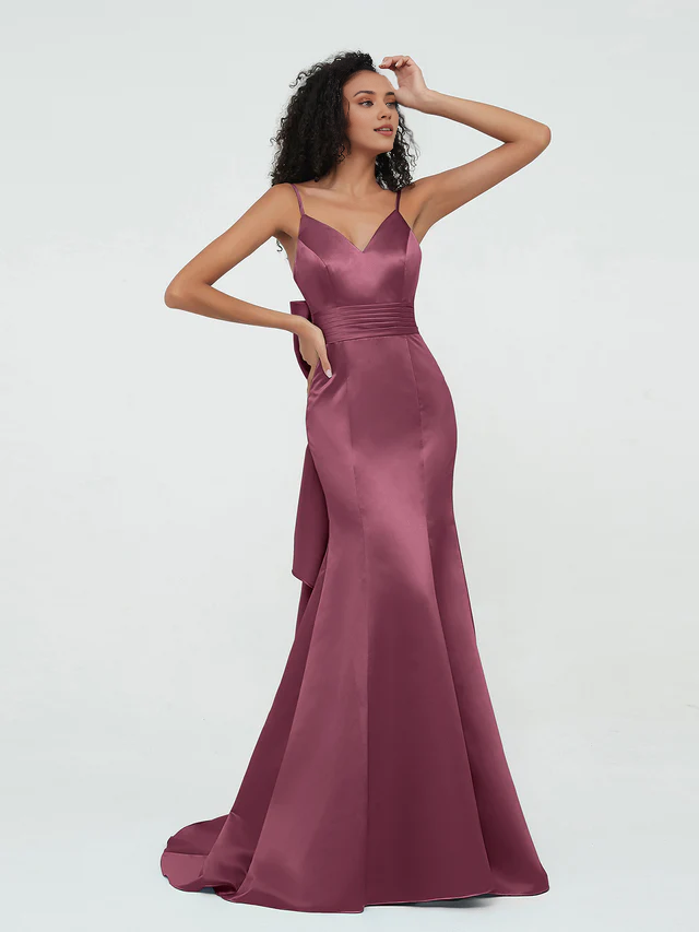 Satin Spaghetti-Strap Deep V-Neck Back Bow Detail A-Line Floor-Length Bridesmaid Dresses