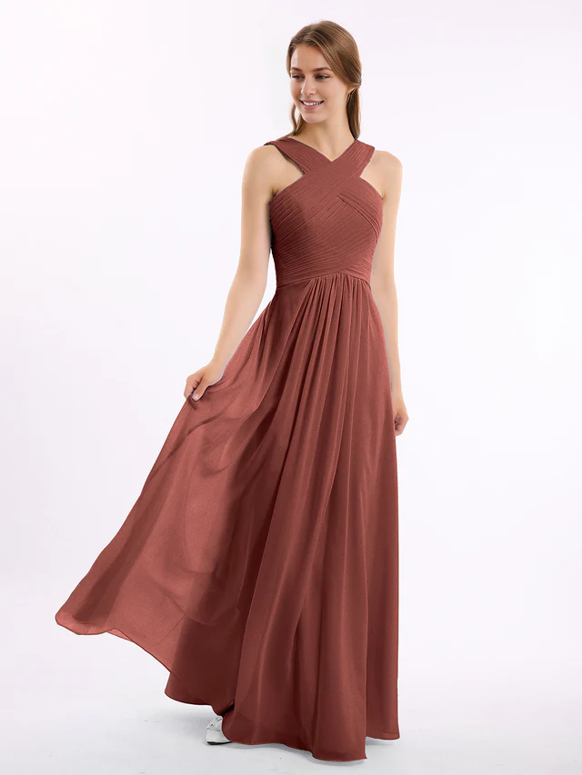 Chiffon Cross-Back Sleeveless Ruched Bodice A-Line Floor-Length Bridesmaid Dresses