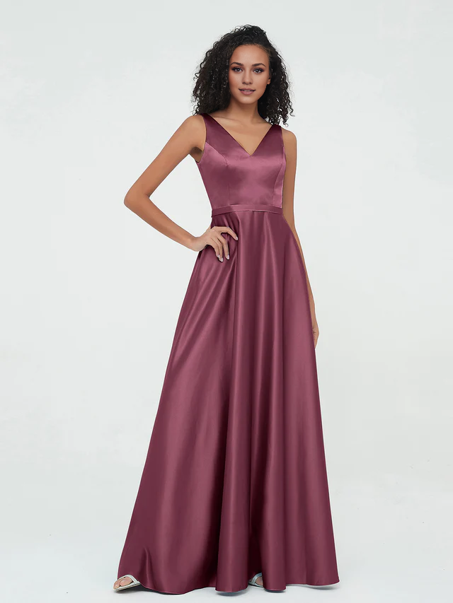 Satin Spaghetti-Strap V-Neck Ruched Bodice A-Line Floor-Length Bridesmaid Dresses
