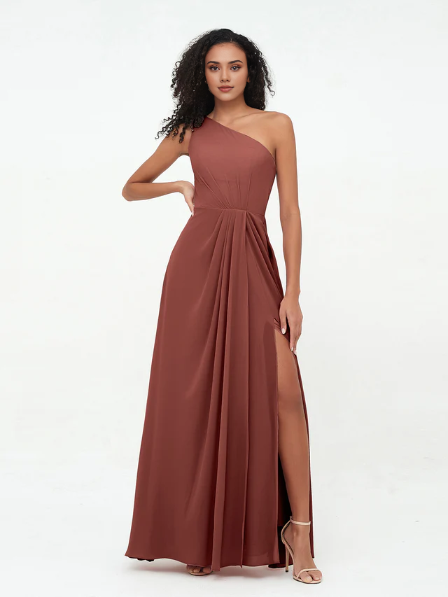 Chiffon One-Shoulder Ruched Bodice High-Slit A-Line Floor-Length Bridesmaid Dresses