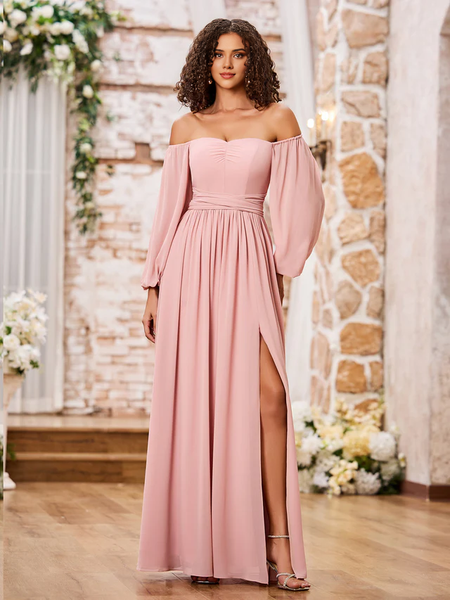 Chiffon Off-Shoulder Long-Sleeve Ruched Bodice High-Slit A-Line Floor-Length Bridesmaid Dresses