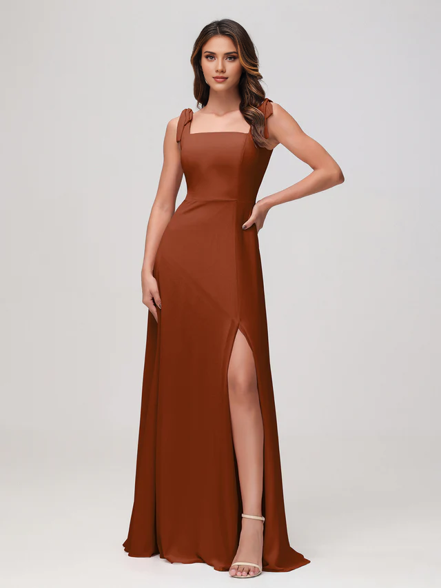 Satin Square Neck Spaghetti-Strap Ruched Bodice High-Slit Sheath Floor-Length Bridesmaid Dresses