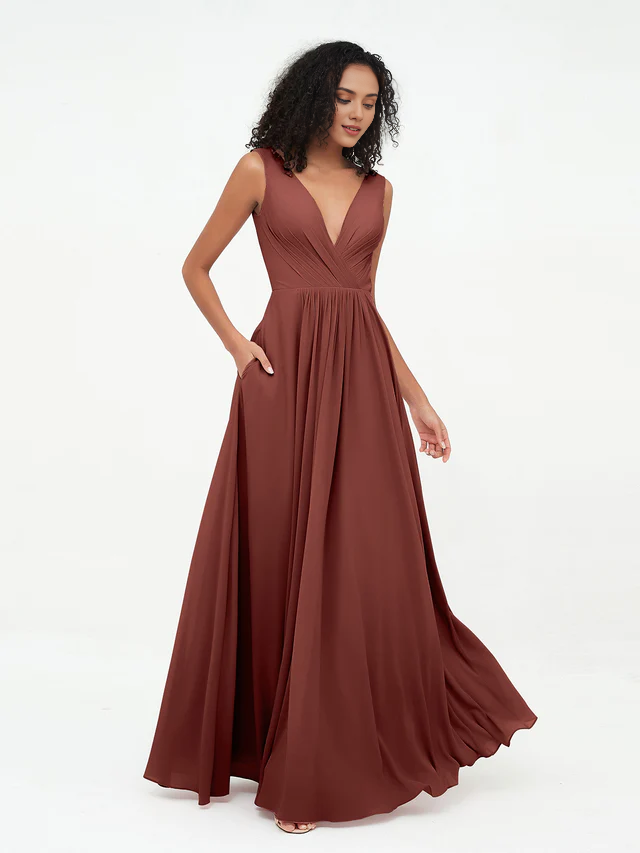 Chiffon Spaghetti-Strap Deep V-Neck Pocketed A-Line Floor-Length Bridesmaid Dresses