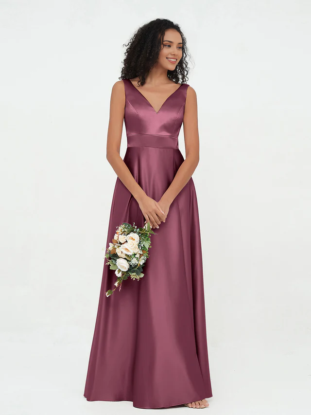 Satin Spaghetti-Strap Deep V-Neck A-Line Floor-Length Bridesmaid Dresses