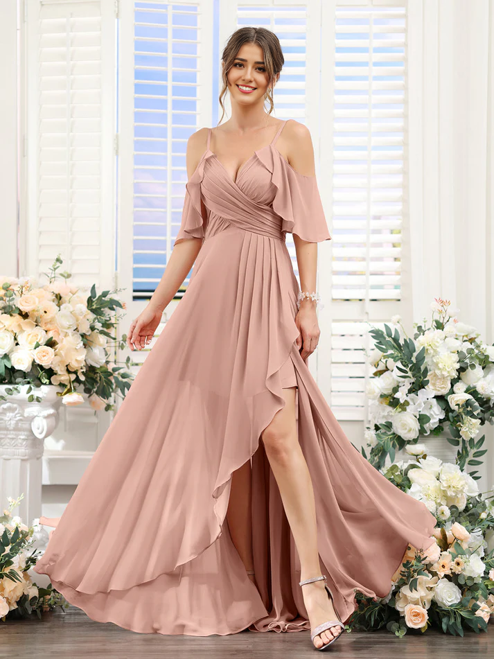 Chiffon Cold-Shoulder Spaghetti-Strap Ruched Bodice High-Low Floor-Length Romantic Bridesmaid Dress