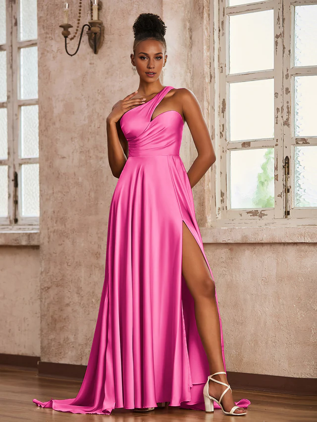 Satin Spaghetti-Strap Ruched Bodice High-Slit A-Line Train Floor-Length Bridesmaid Dresses