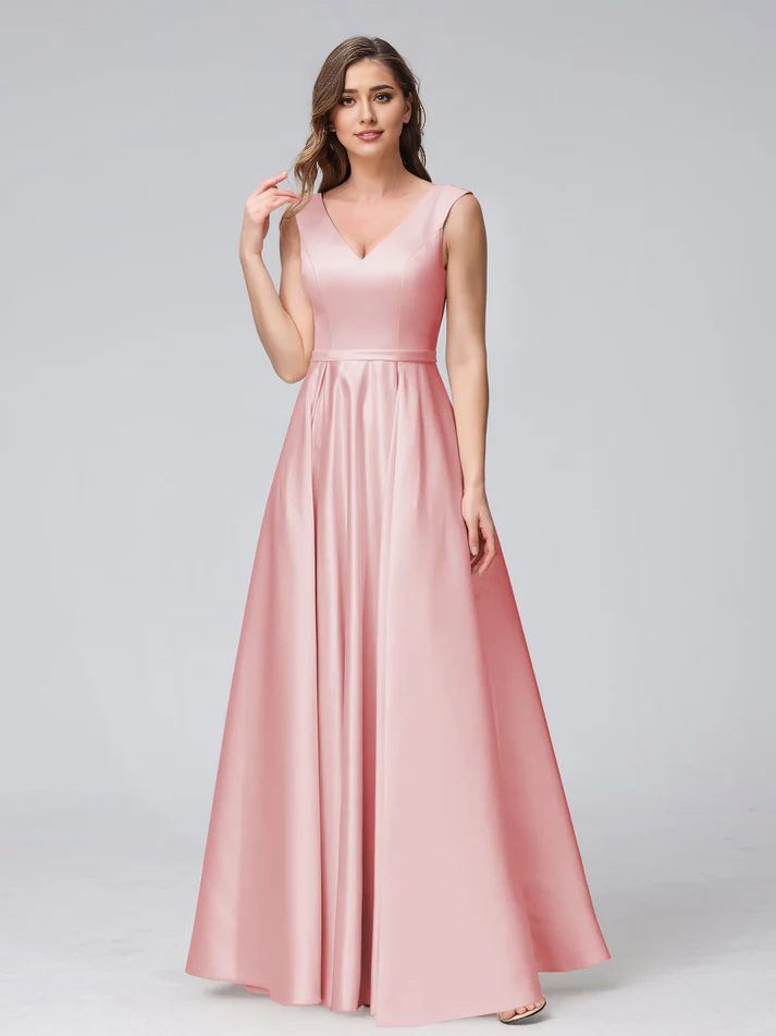 Satin V-Neck Sleeveless A-Line Floor-Length Elegant Bridesmaid Dress