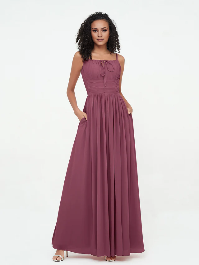 Chiffon Spaghetti-Strap Ruched Bodice Pocketed A-Line Floor-Length Bridesmaid Dresses