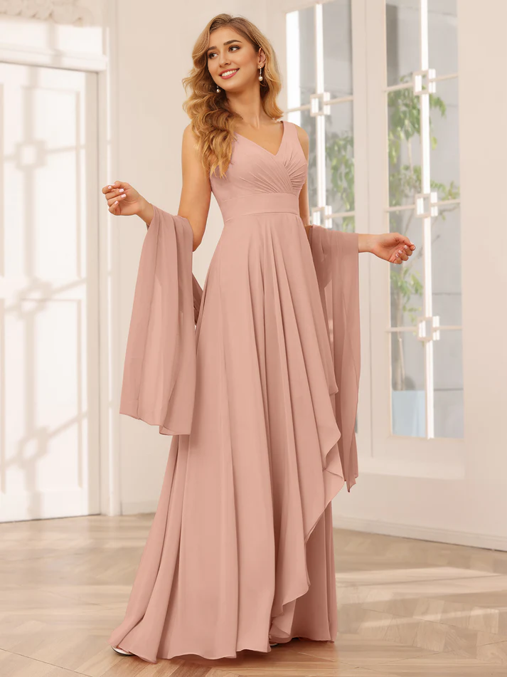 Chiffon V-Neck Detachable Bell-Sleeve High-Low A-Line Floor-Length Versatile Bridesmaid Dress