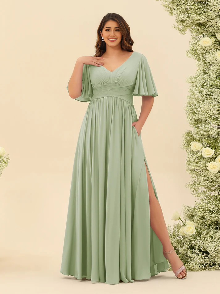 Chiffon Short-Sleeve V-Neck Ruched Bodice High-Slit A-Line Floor-Length Comfortable Bridesmaid Dress