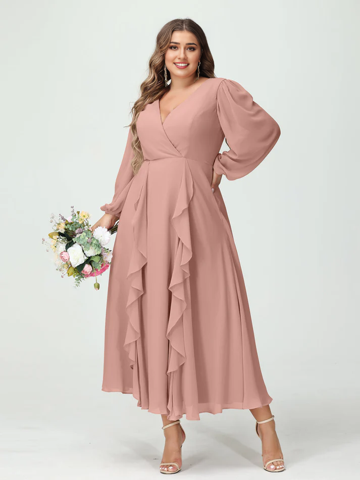 Chiffon Long-Sleeve V-Neck Ruffled Wrap Bodice High-Low A-Line Floor-Length Elegant Bridesmaid Dress