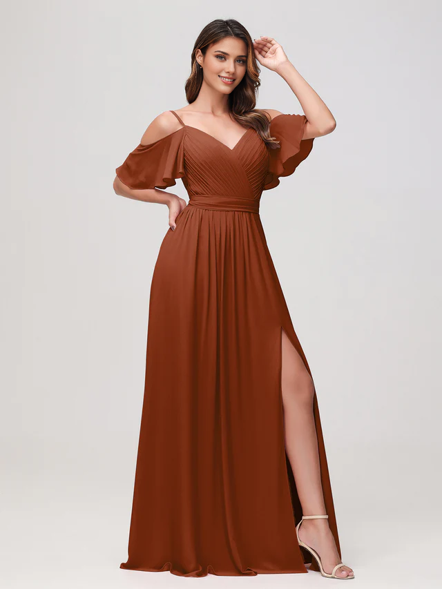 Chiffon Off-Shoulder V-Neck Ruched Bodice High-Slit A-Line Floor-Length Bridesmaid Dresses