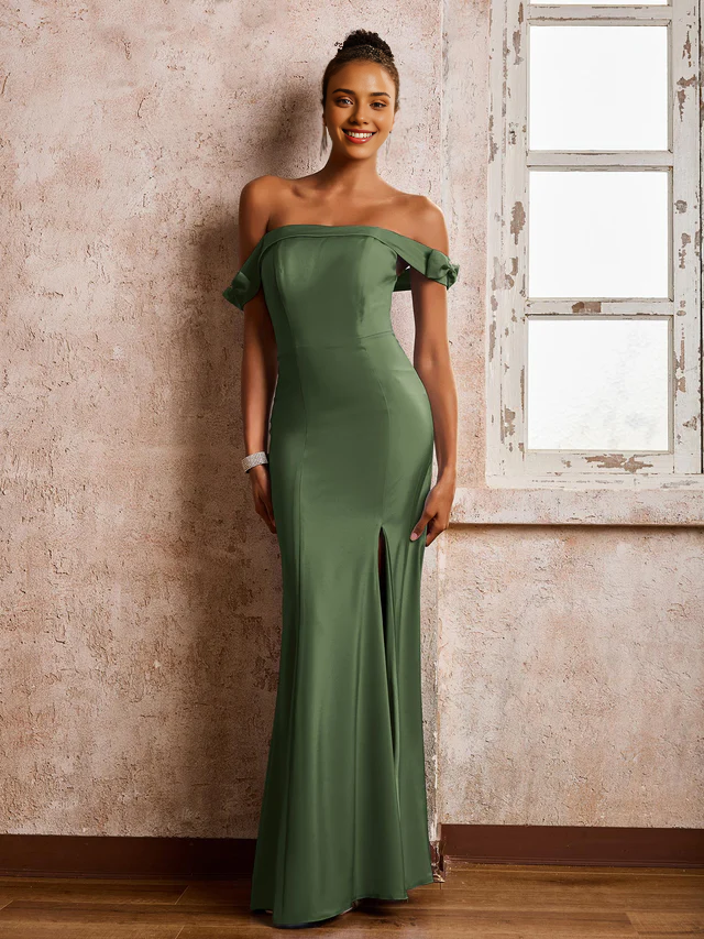 Chiffon Off-Shoulder Sweetheart Neckline Ruched Bodice High-Slit Sheath Floor-Length Bridesmaid Dresses
