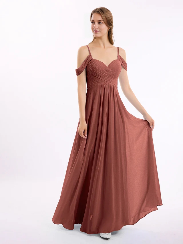 Chiffon Off-Shoulder Sweetheart Neckline Ruched Bodice A-Line Floor-Length Bridesmaid Dresses