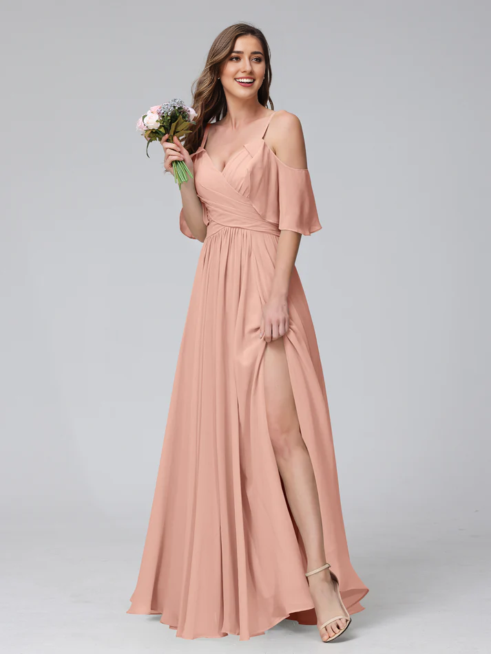 Chiffon Cold-Shoulder V-Neck Ruched Bodice High-Slit A-Line Floor-Length Romantic Bridesmaid Dress