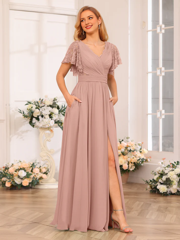 Chiffon One-Shoulder Flutter Sleeve Ruched Bodice High-Slit A-Line Floor-Length Soft Mint Bridesmaid Dresses