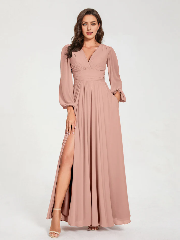 Chiffon Puff-Sleeve V-Neck Ruched Bodice High-Slit A-Line Floor-Length Bridesmaid Dresses