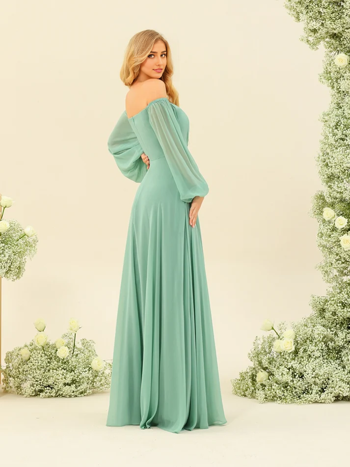 Chiffon Off-the-Shoulder Long-Sleeve Ruched Bodice High-Slit A-Line Floor-Length Romantic Bridesmaid Dress